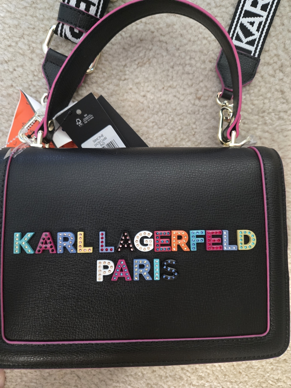 Karl Lagerfeld Black & White Logo Strap with Pink Accent NEW WITH TAGS!!! - Picture 3 of 4